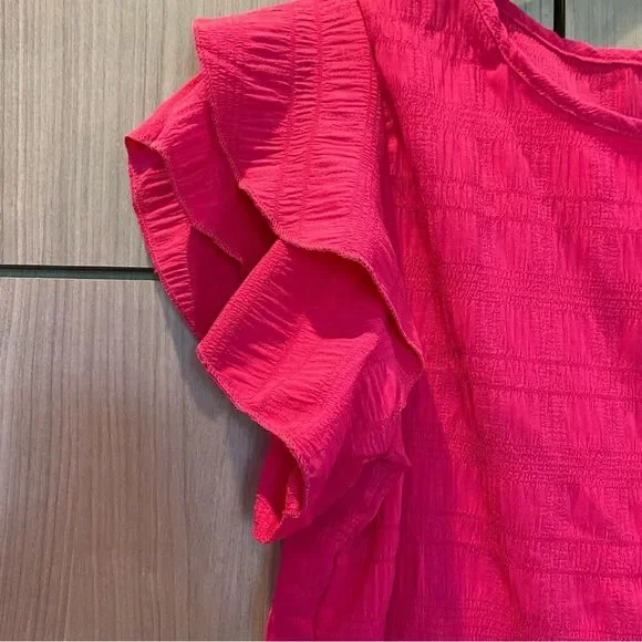 Hot Pink Ruffle Sleeve Top Blouse Flirty Feminine Large - Picture 2 of 8